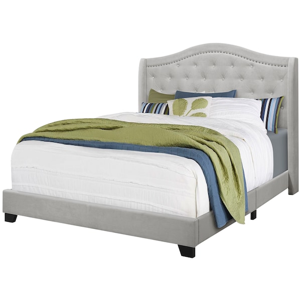 Monarch Specialties Bed, Queen Size, Platform, Bedroom, Frame, Upholstered, Velvet, Wood Legs, Grey, Traditional I 5967Q - main